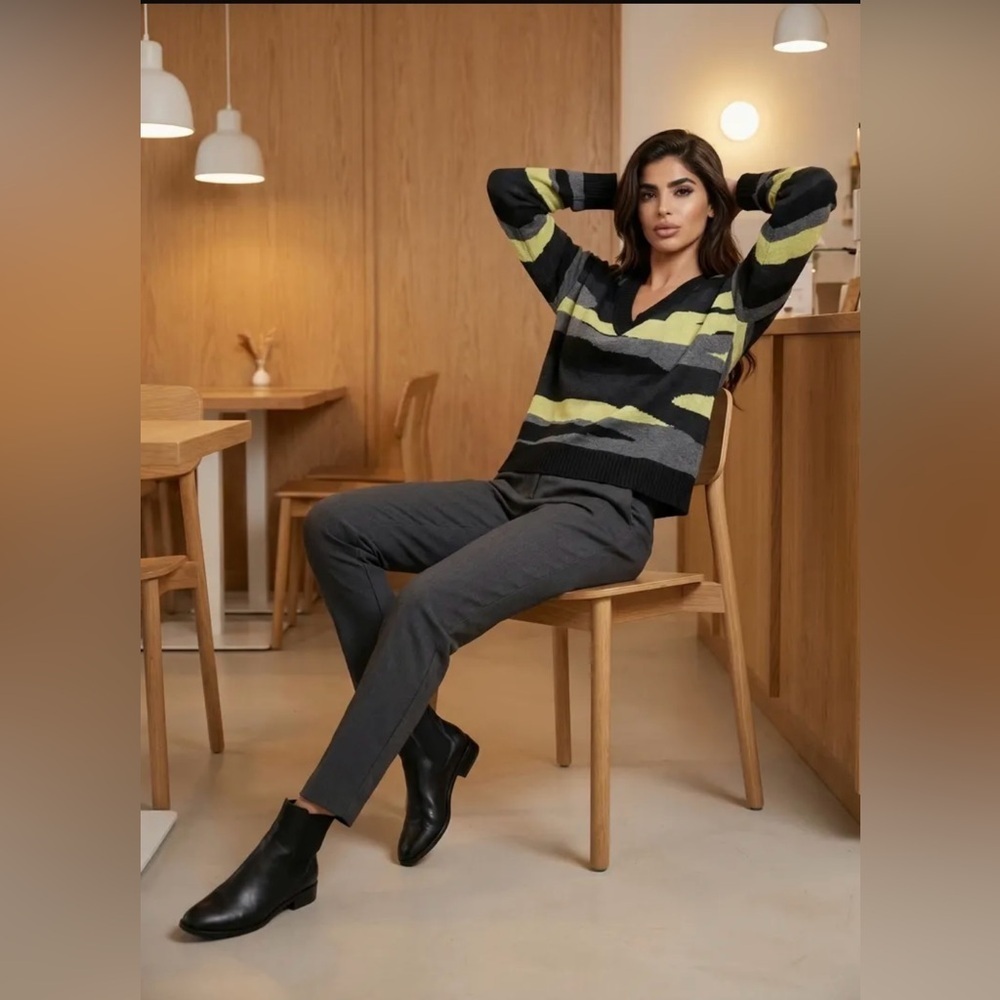Pam & Gela Jacquard Oversized V-Neck Sweater in Grey Yellow and Black Camo